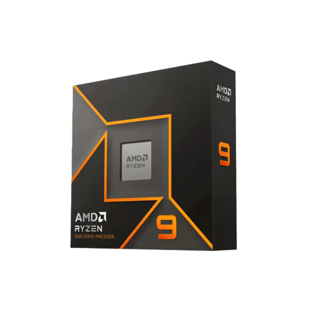 Front angled view of the AMD Ryzen 9 9900X desktop processor retail box